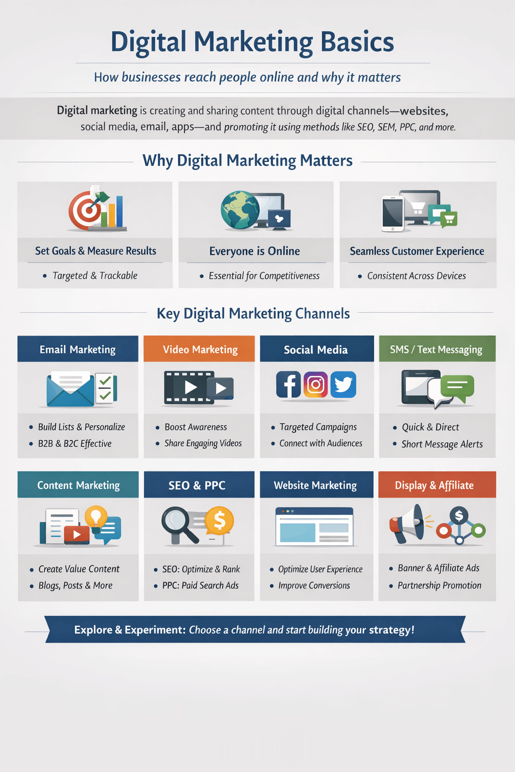 Digital marketing basics showing key channels like SEO, social media, email, and content marketing
